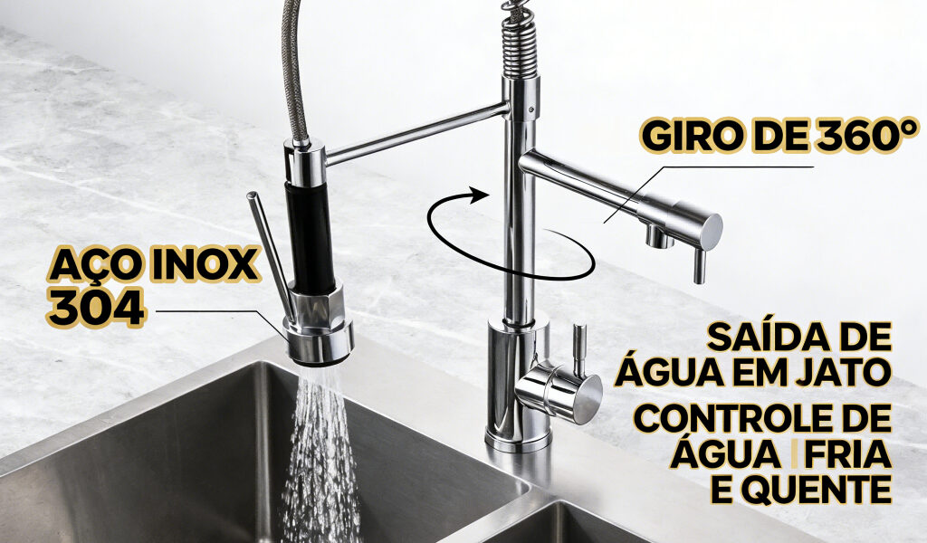 Torneira de Cozinha de Bancada Mola Retrátil Aço Inox 304 Cromada Monocomando Água Fria e Quente Spray 360°