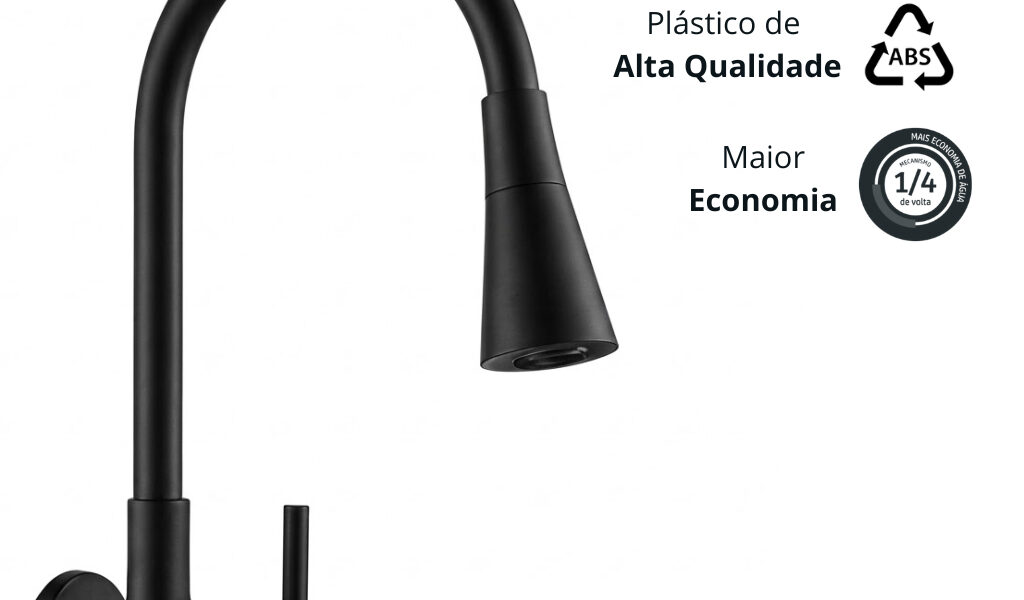 Torneira De Parede/Pia Flexível Para Cozinha Moderna 2 Jatos 1/4 de Volta Cor Preta Abs Silicone