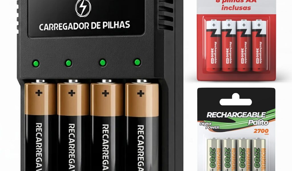 Carregador de Pilhas + Pilhas Recarregáveis AA/AAA/Bateria 9V (Monte seu kit)