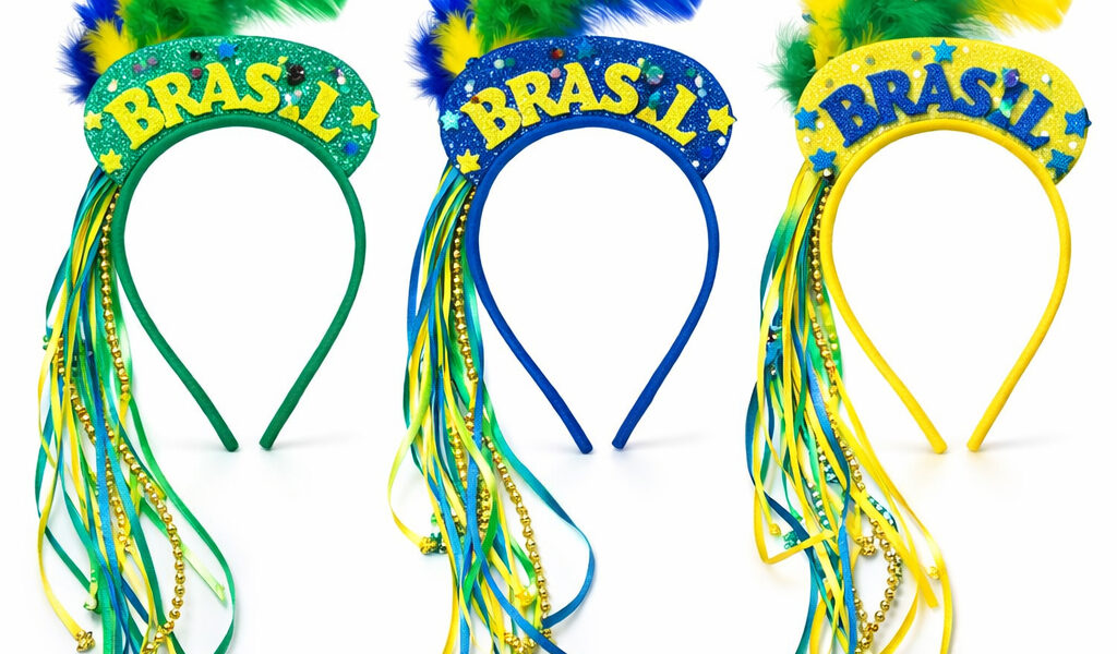Tiara Brasil Infantil Torcida Copa do Mundo com Penas e Paetê Kit 3 ou 1 Unidade