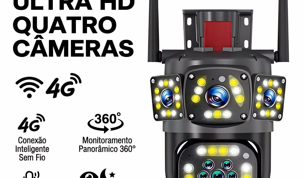 3 Lentes Camera segurança 360° WiFi 4G Alarme Luminoso Áudio Bidirecional Prova D'água Preto P20