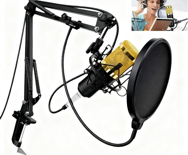 Kit Microfone Condensador Profissional Estúdio de Mesa para Criador Podcaster