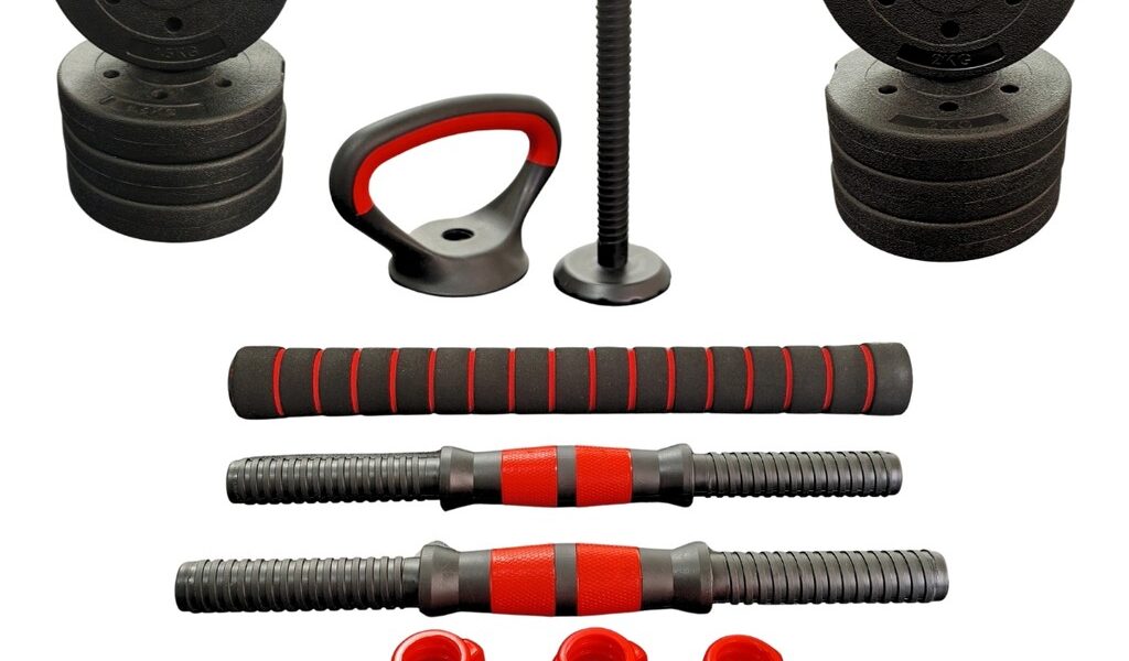 Kit Academia Até 15kg Halteres Barra Kettlebell Peso com Alça Ajustável 5 em 1