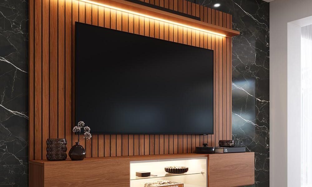 Painel com Rack Milano para TV até 70” com LED, Nicho Iluminado, Prateleira de Vidro e Portas Basculantes com Pistão Gás