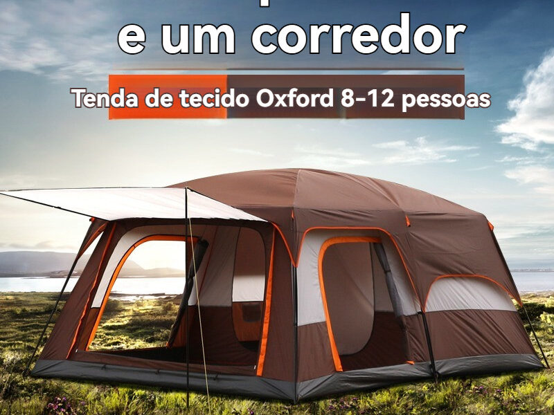 Barraca grande para camping ao ar livre com dois quartos e uma sala de estar, reforçada e à prova de chuva.