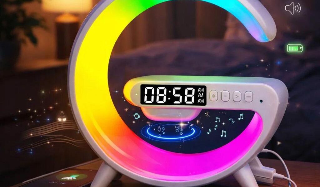 Luminária Despertador Inteligente LED Bluetooth Relógio Digital Nascer do Sol Carregamento Sem Fio